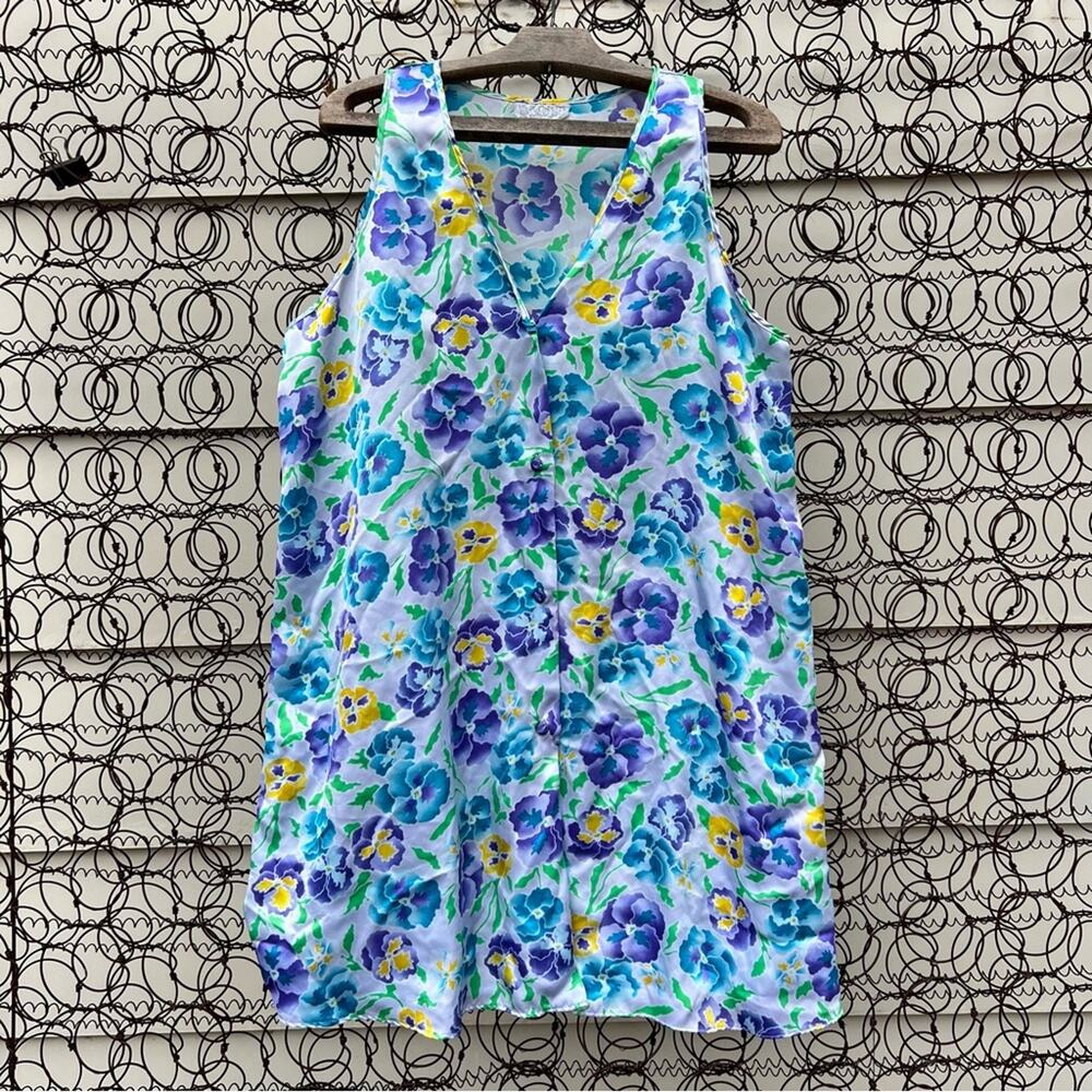 Vintage Vassarette watercolor pansy slinky sleeveless tank dress nightgown